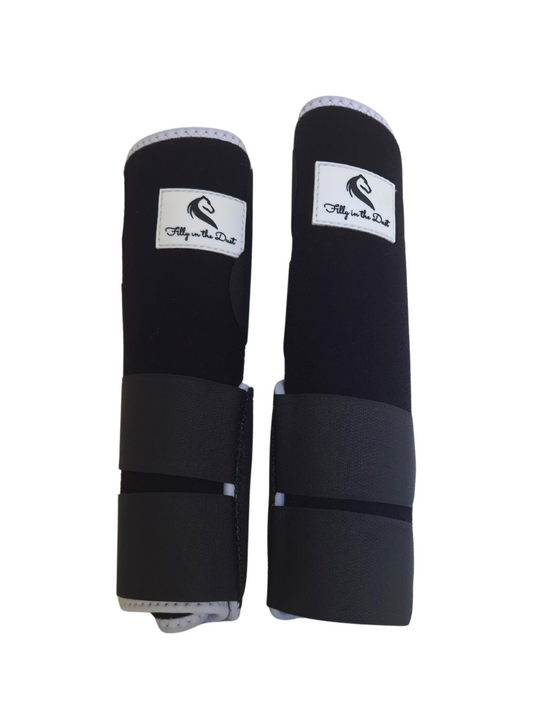 Pair of black protective leg wraps tendon support boots with brand logo on a white background