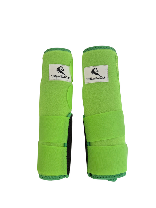 Pair of green protective horse leg wraps tendon support boots with brand logo on a white background