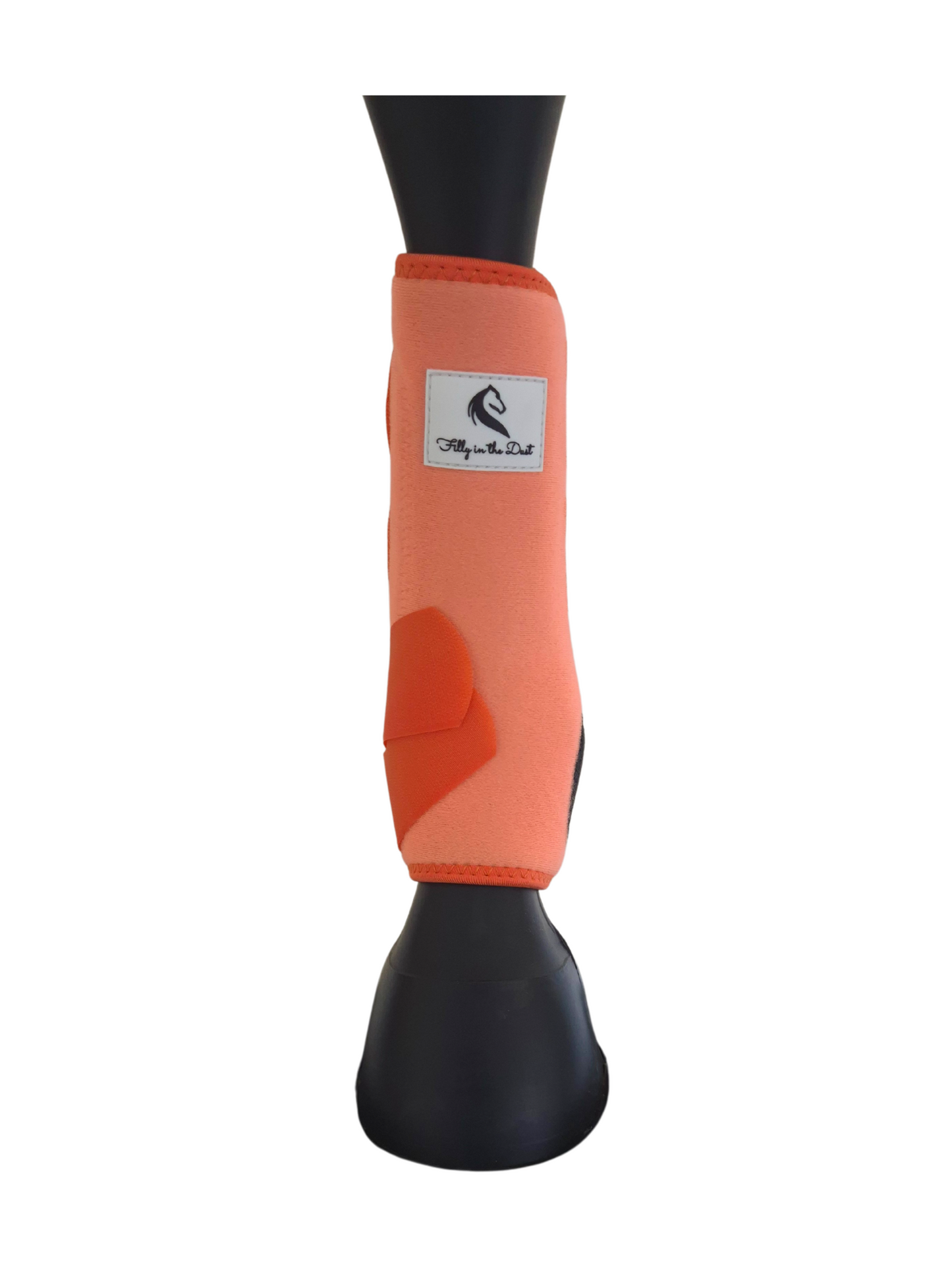 Orange protective boot on a mannequin leg with a visible brand logo against a white background
