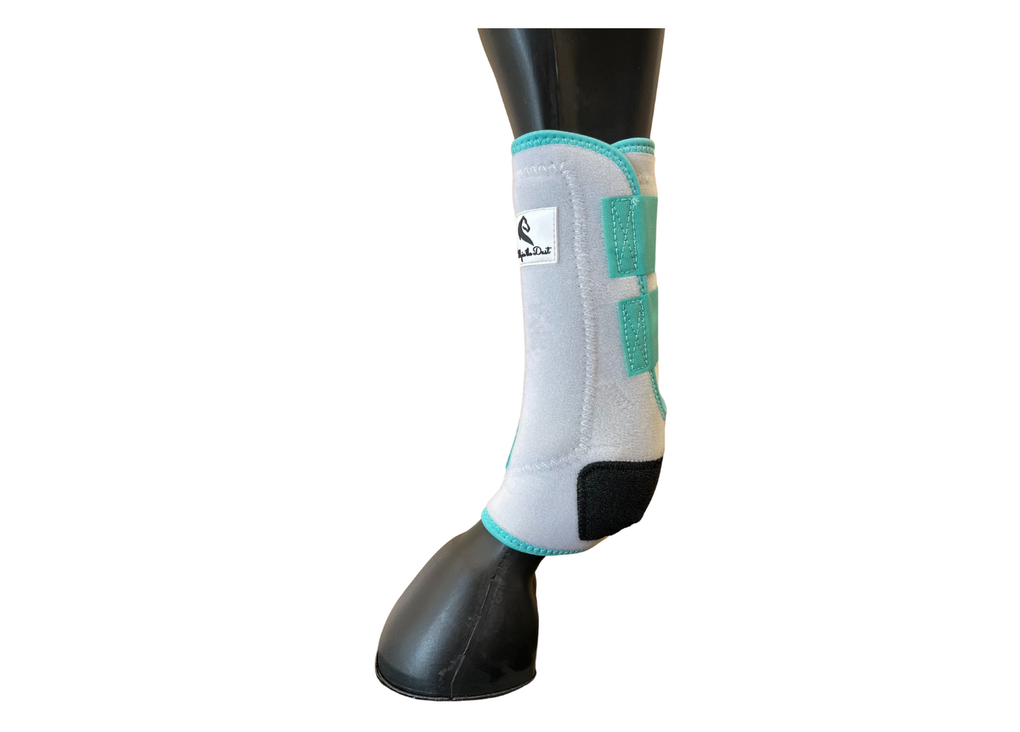 Peppermint and white front horse boots with velcro straps designed for supporting and protecting the suspensory ligaments and fetlock during work.