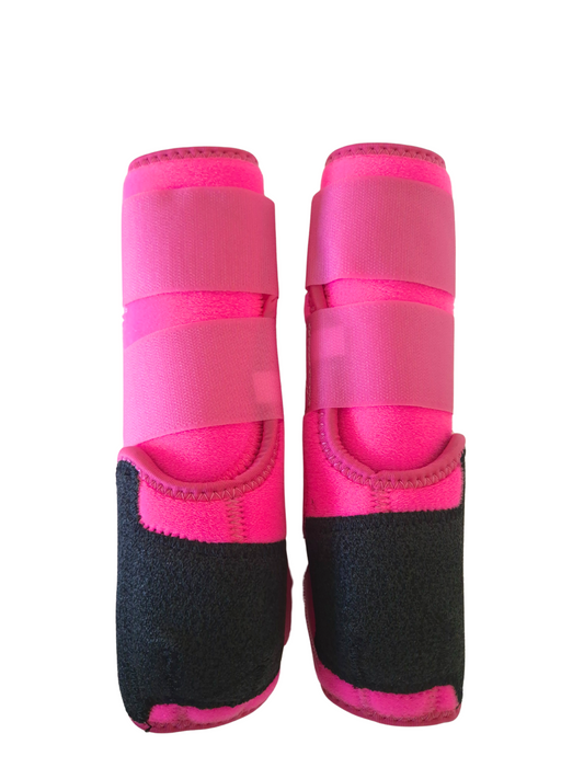 Pair of pink protective tendon support boot on a white background