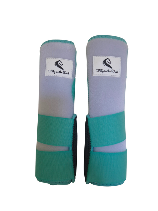 Pair of teal and white protective tendon leg wraps boots with brand logo on a white background