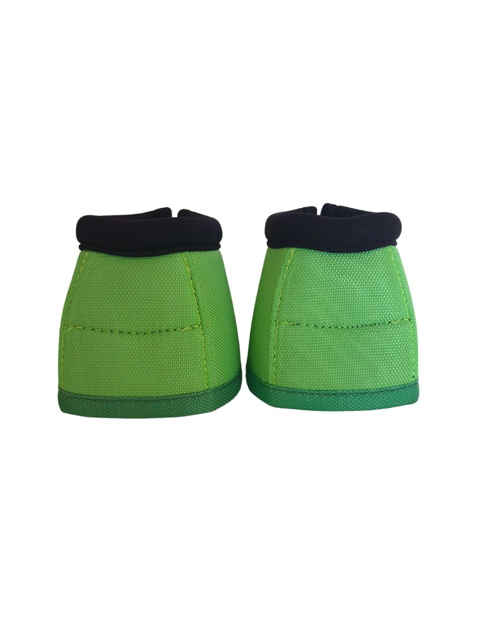 Pair of green protective bell boots with  on a white background