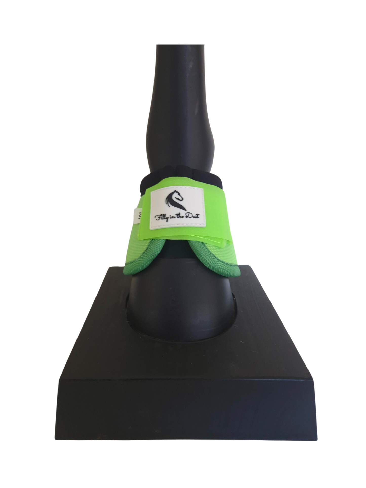Pair of green protective bell boots with  on a white background