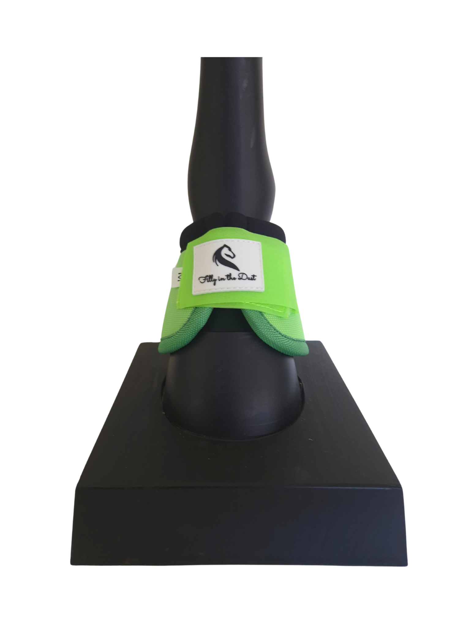 Pair of green protective bell boots with  on a white background
