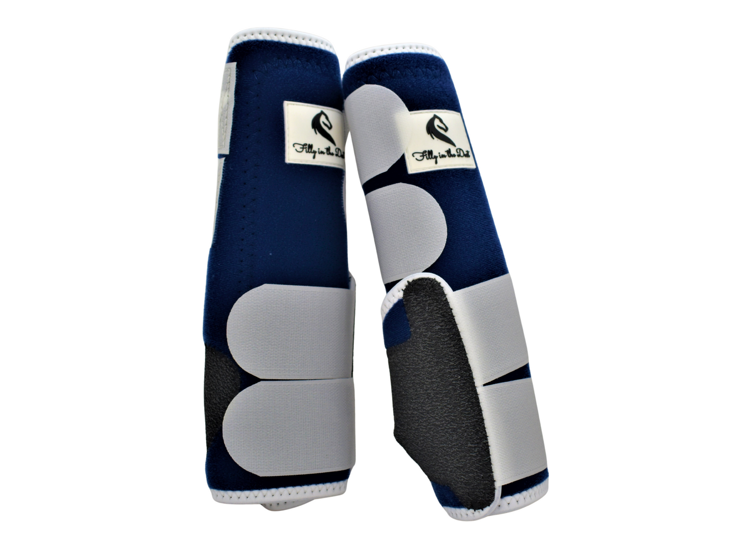 A pair of navy and white horse leg boots with velcro straps designed to protect the suspensory ligaments and fetlock during work.