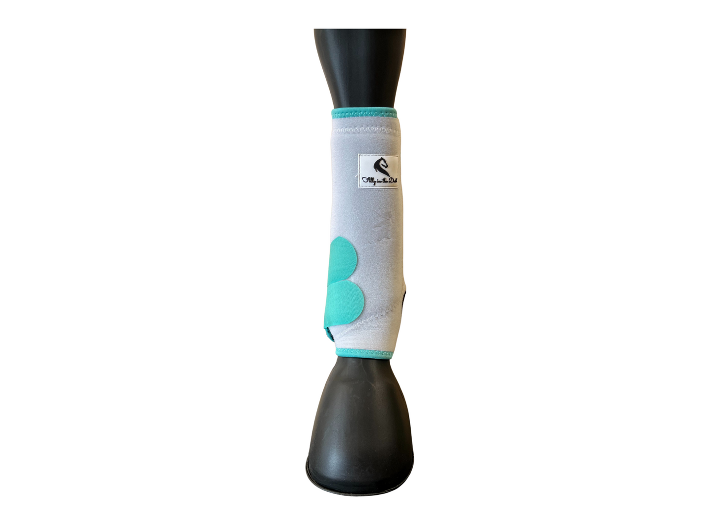 A pair of peppermint and white front horse boots with velcro straps designed for supporting and protecting the suspensory ligaments and fetlock during work.