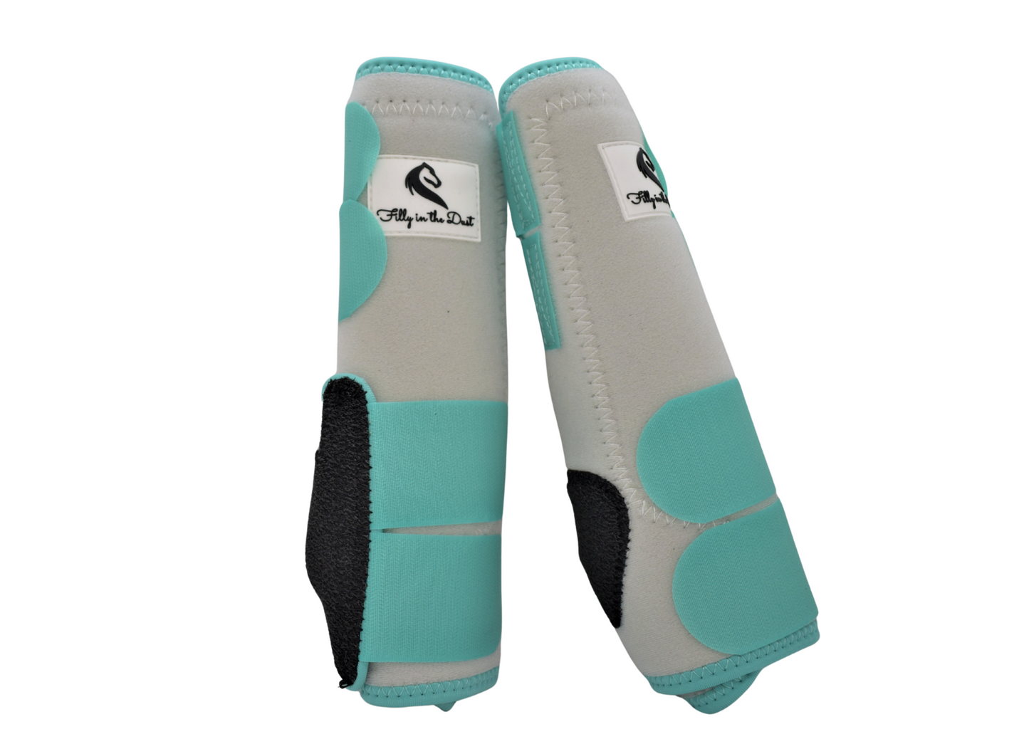 A pair of peppermint and white front horse boots with velcro straps designed for supporting and protecting the suspensory ligaments and fetlock during work.